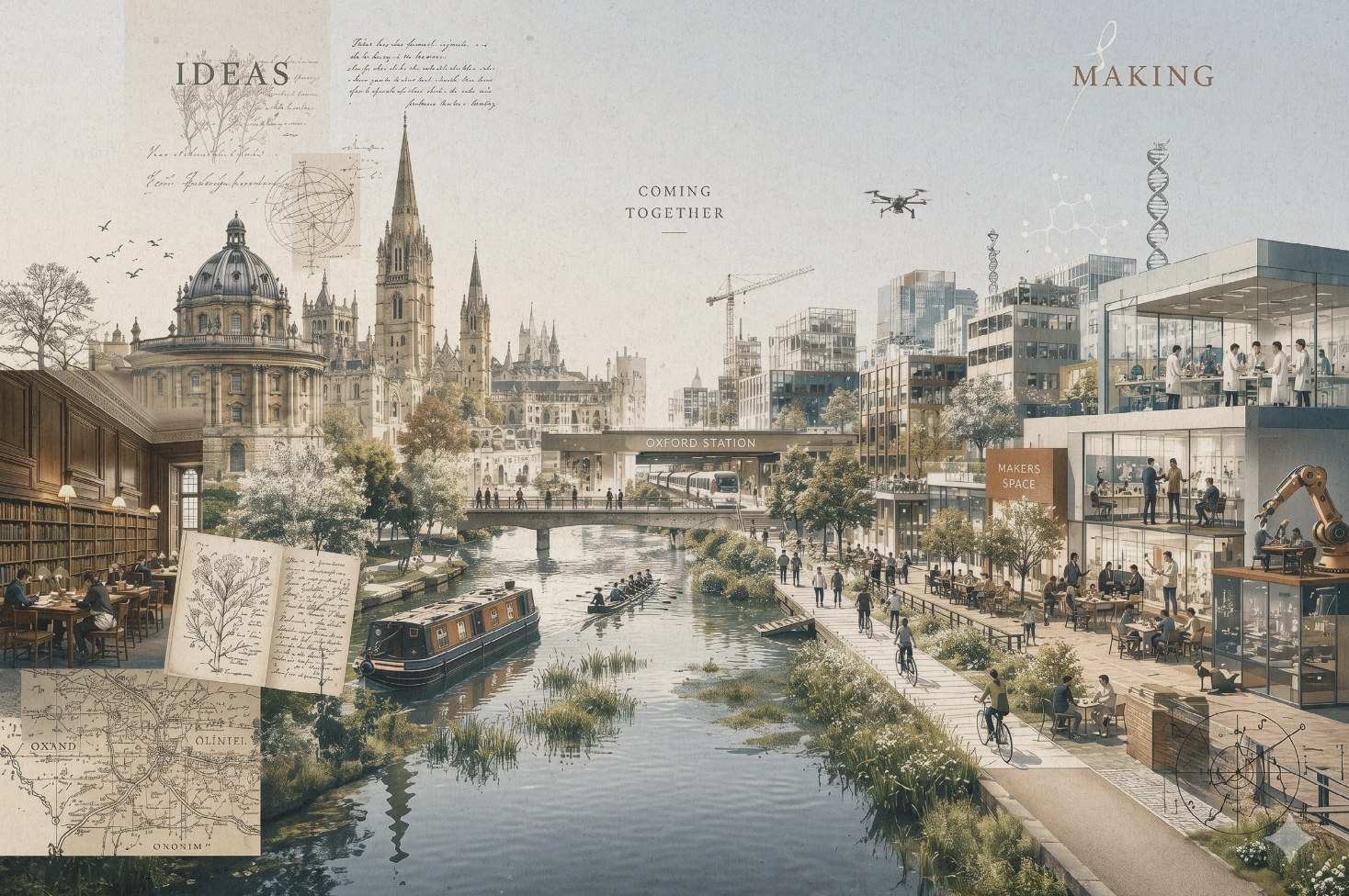 A digital illustration of a modern cityscape with historic buildings, green spaces, waterway, and outdoor cafes. Features include Oxford Station, research labs, makers space, people biking, walking, and socialiing, with cranes and drone in the sky, and scientific icons like DNA strands and molecular structures.