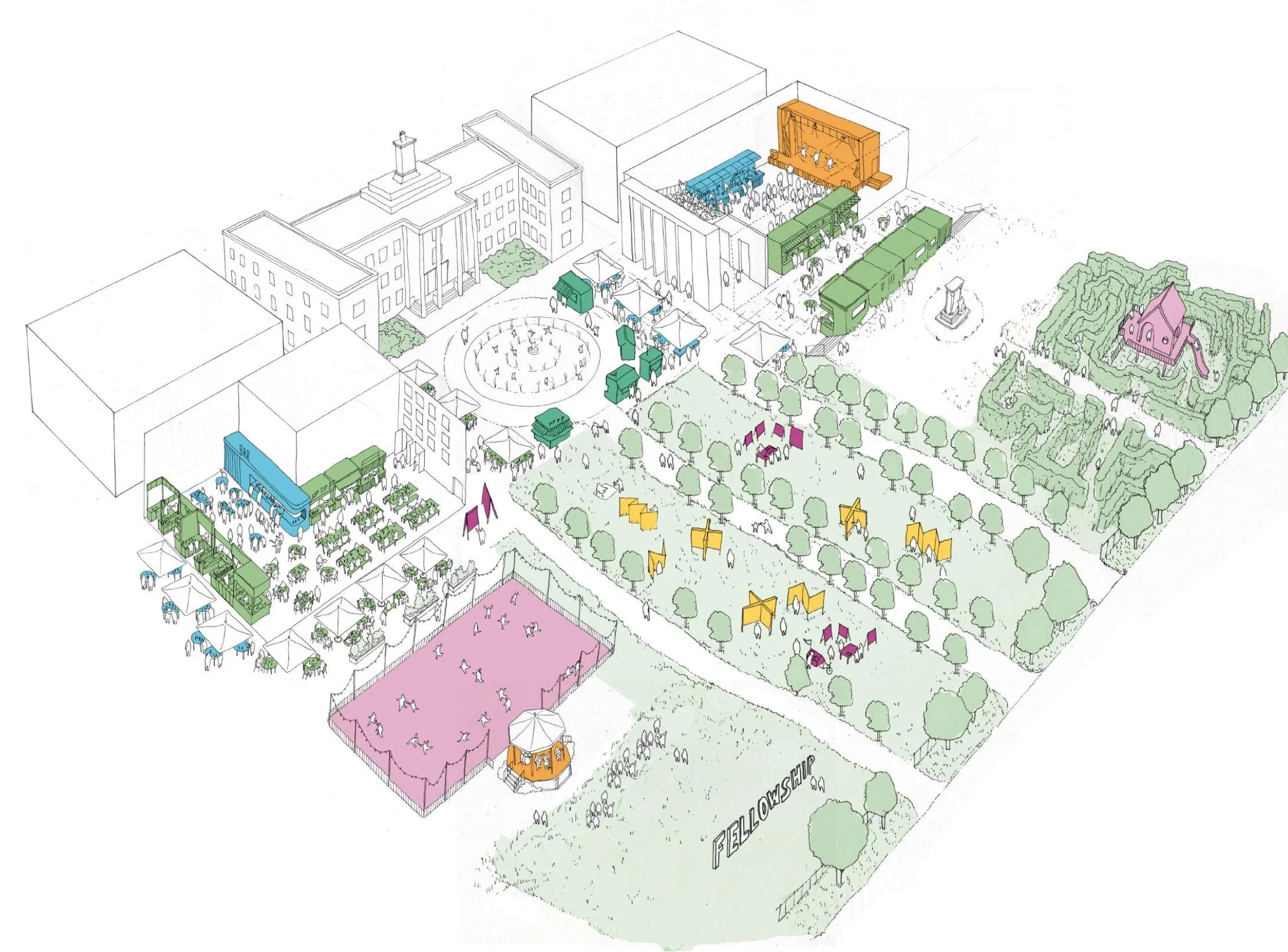 Colorful illustrations of various outdoor entertainment and event spaces including a stage with curtain, a dance floor, seating areas, tents, trees, and a small pink playground in a park setting. Waltham Forest.