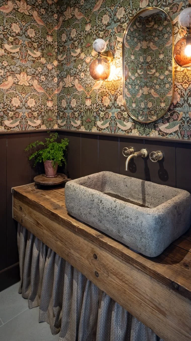 A rustic bathroom vanity with a concrete sink, a plant in a pink pot, a decorative mirror, and wall-mounted light fixtures, with a floral wallpaper background.