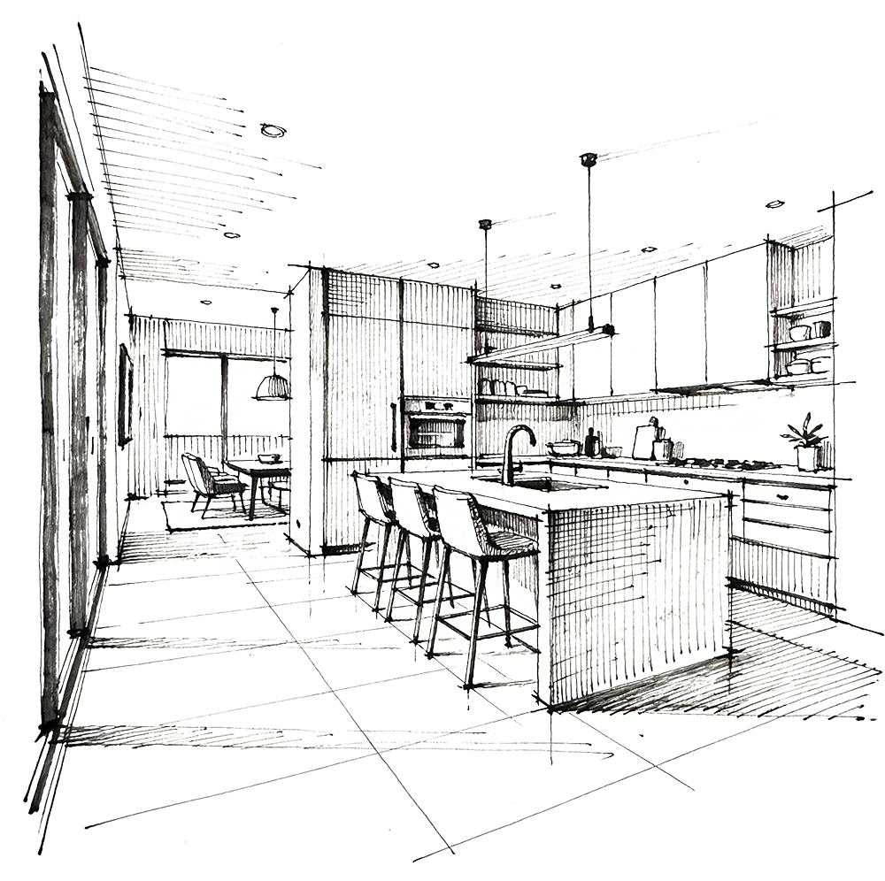 A line drawing of a modern kitchen with a bar counter and three bar stools, open shelving, and a sitting area with a window in the background.