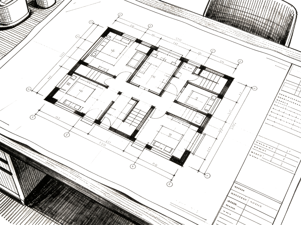 Architectural blueprint of a building floor plan on a desk with chairs and office supplies around.