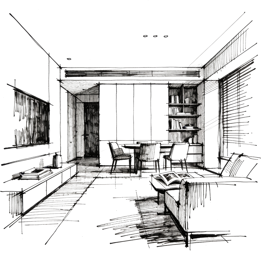 Sketch of a living room with a sofa, armchair, dining table with chairs, shelves with books, and windows with blinds.
