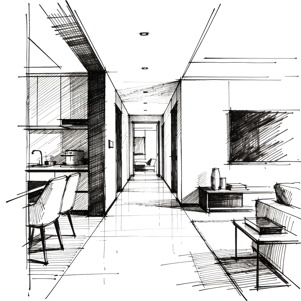 Line drawing of a modern apartment interior with a hallway, a living room with a sofa, a coffee table, and a TV, and a kitchen area with a dining table and chairs.