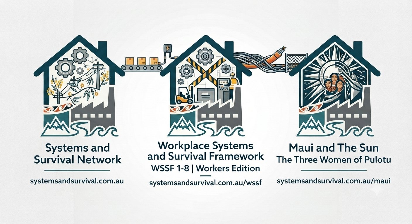 An infographic illustrating the three tiers of the Systems and Survival Network: the parent host, the Workplace Systems and Survival Framework (WSSF 1-8), and the cultural change template 'Maui and the Sun: The Three Women of Pulotu.'
