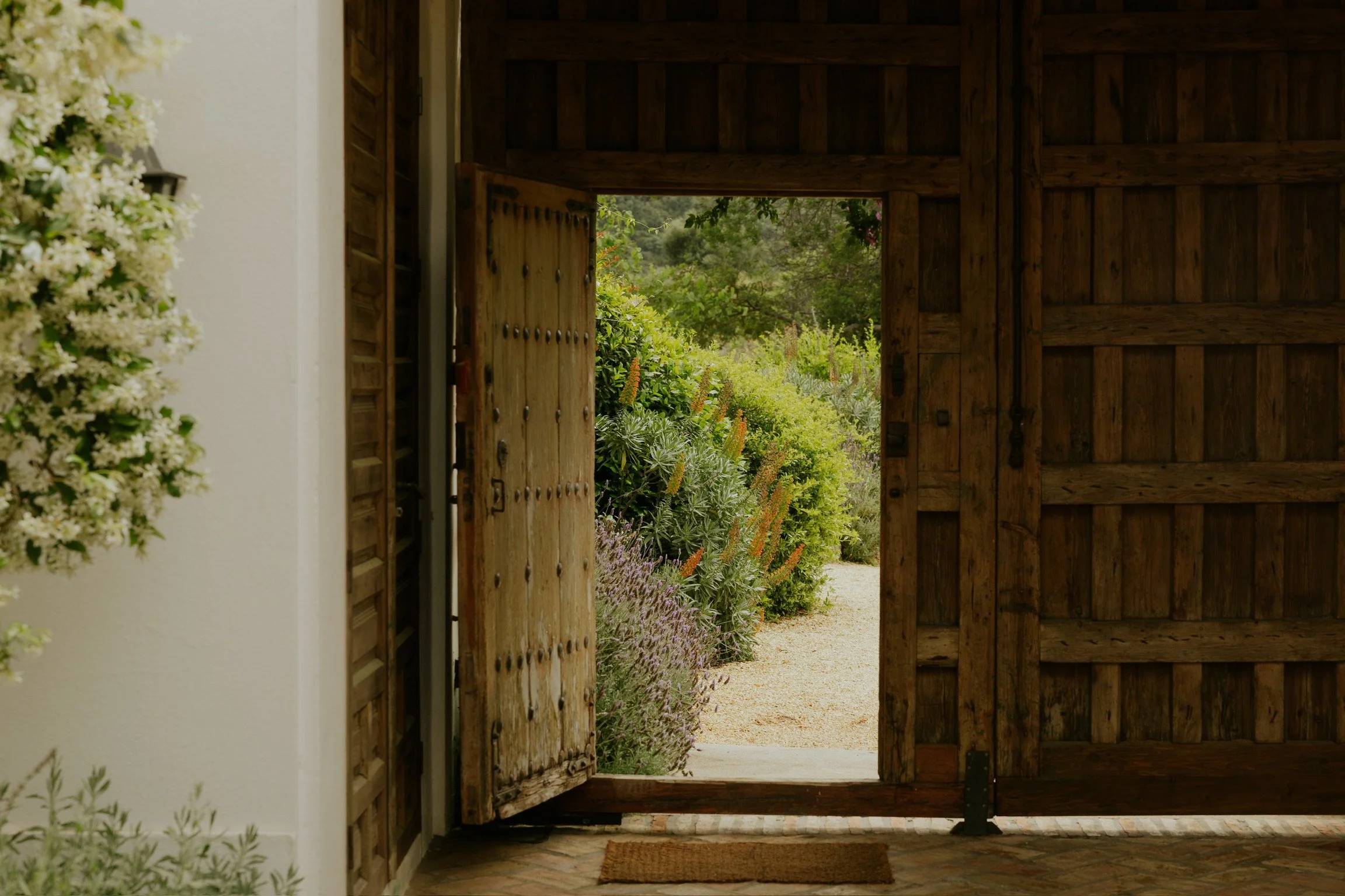 View of an open wooden gate leading to a garden with green plants and flowers outside, seen from inside a house.