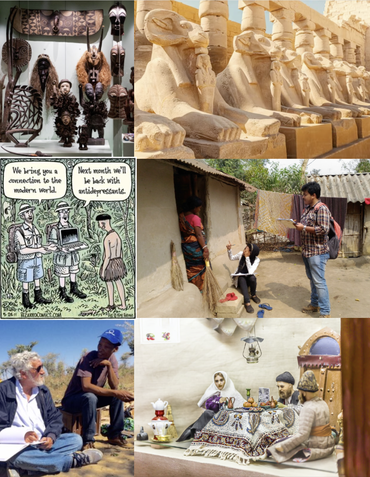 Collection of six images depicting African artifacts, sculptures, street interview, rural village scene, portrait of older man and boy outdoors, and indoor display of cultural items and dolls.