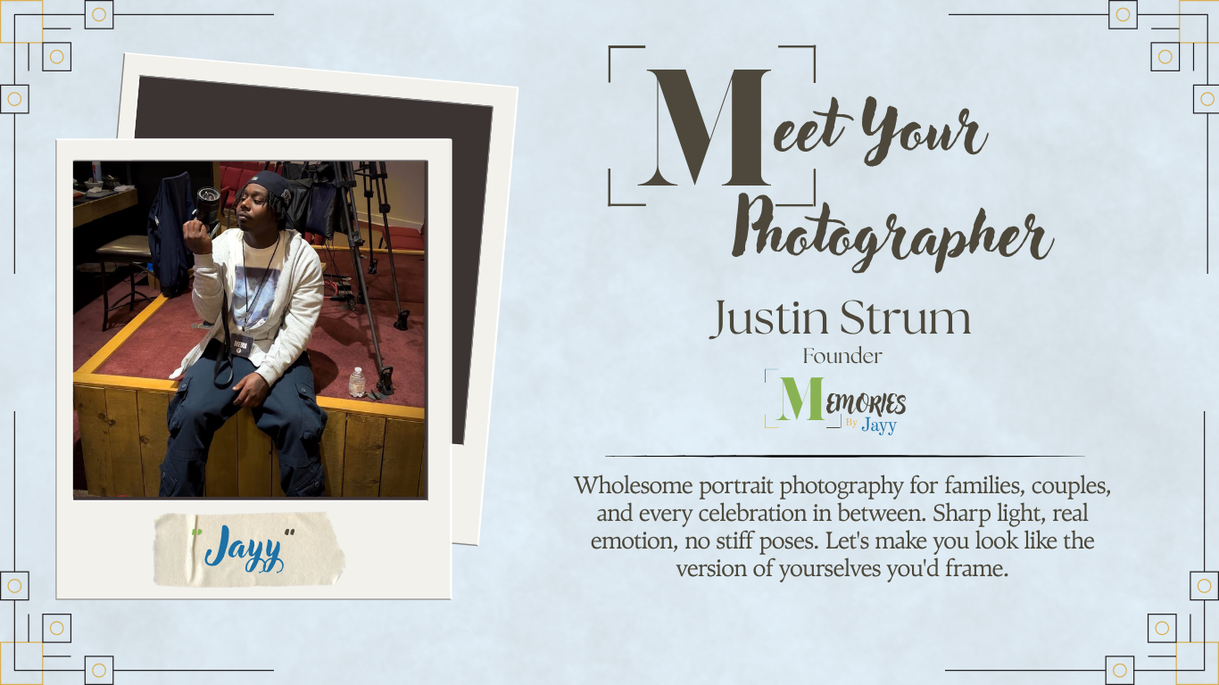 A promotional flyer for Justin Strum's portrait photography business, Memories by Jayy, featuring a quote about capturing real emotion. The flyer includes a Polaroid-style photo of a young woman named Jayy sitting on a wooden platform, holding a camera, with photography equipment and a water bottle in the background.