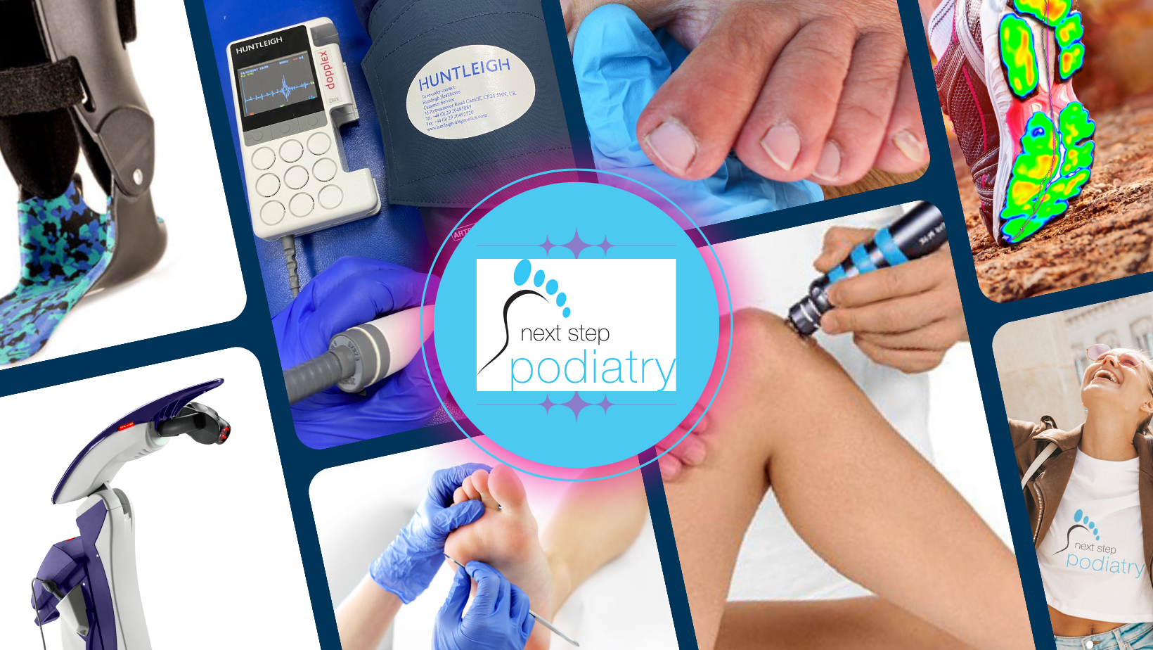 A collage of various podiatry-related images including medical tools, a patient receiving foot treatment, and healthcare professionals, with a central logo that reads "next step podiatry."