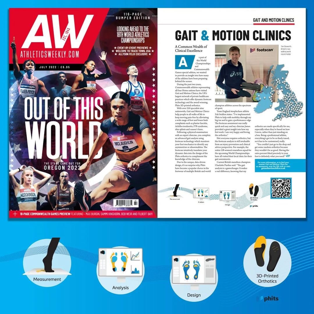 Cover of Athletes Weekly magazine, July 2022, featuring athletes and headlines about the World Athletics Championships and related sports topics. Inside, there is an article about gait and motion clinics, with images of a young athlete and 3D-printed orthotics.