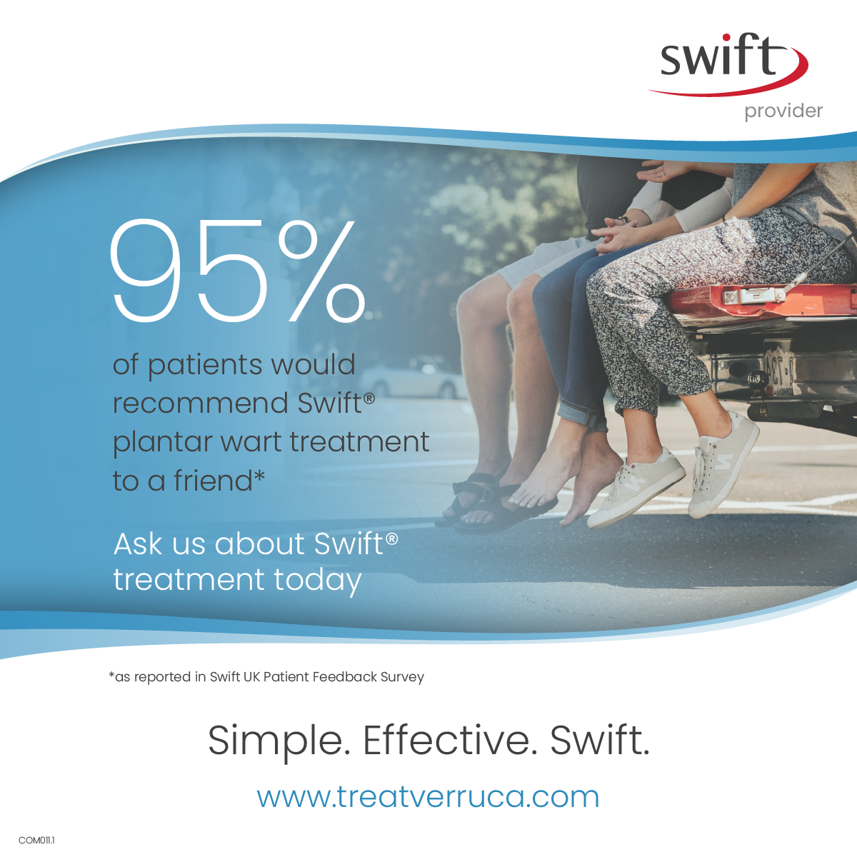 An advertisement showing people sitting on the back of a car, with their legs hanging out, promoting Swift plantar wart treatment and highlighting 95% patient satisfaction.