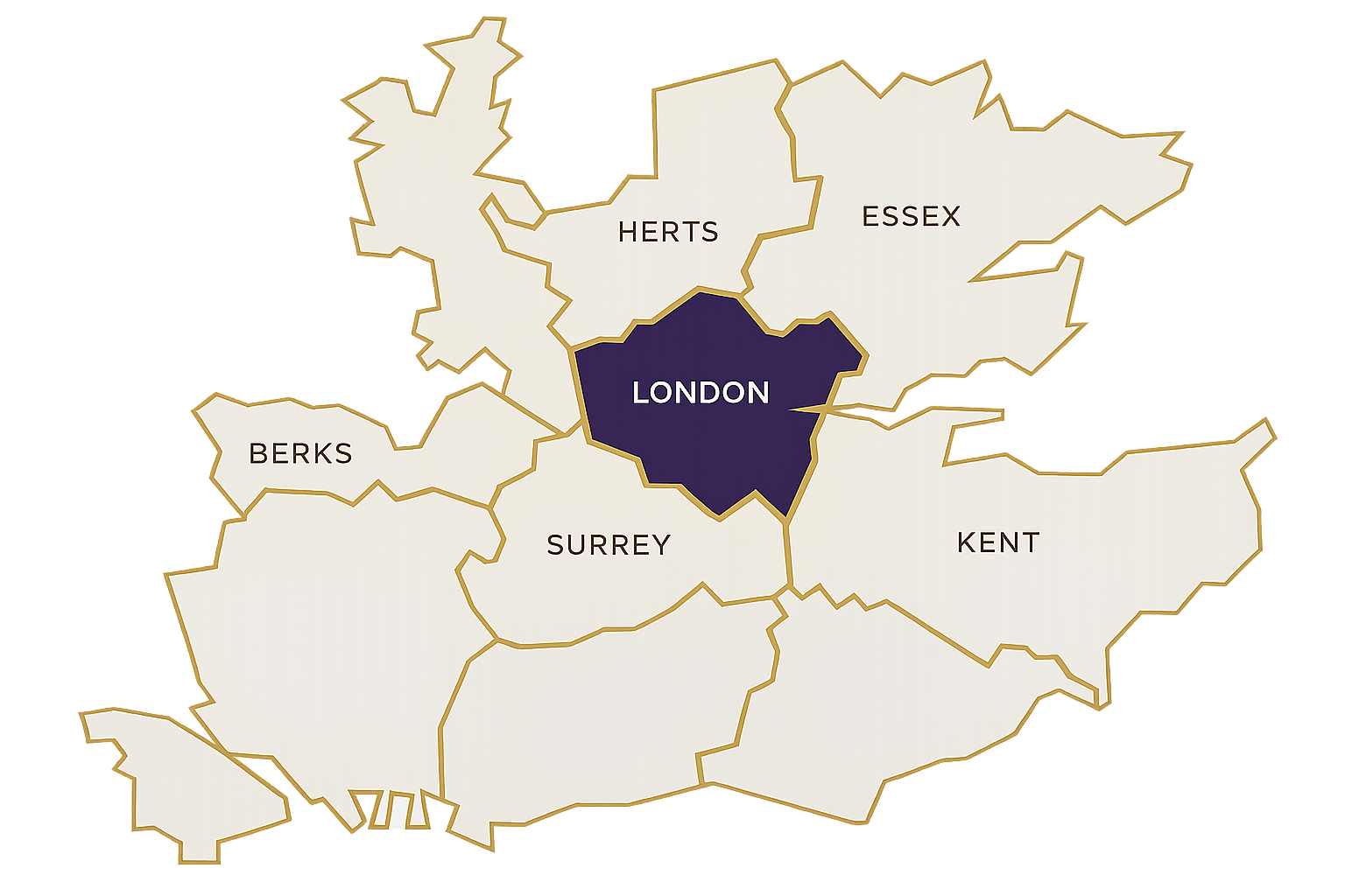 Map showing Samson Eyewear’s London service area and surrounding counties