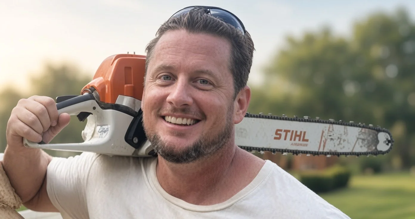 Jason Lesser professional chainsaw carver smiling while holding a chainsaw on his shoulder outdoors.