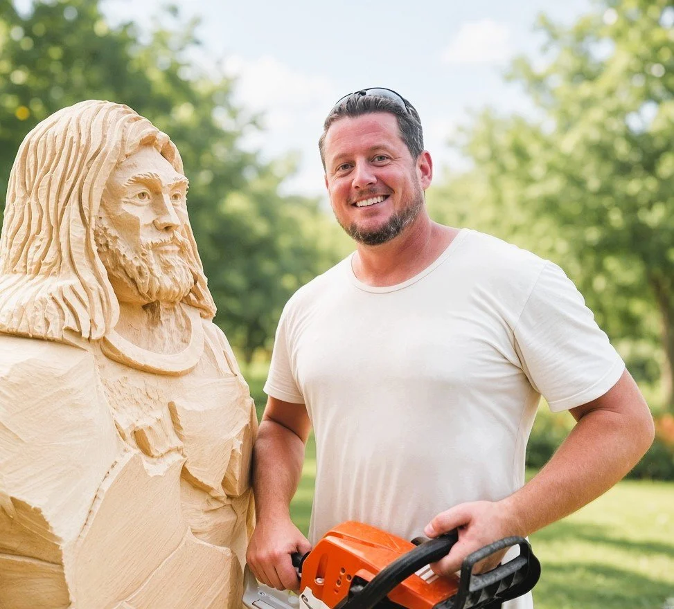 A smiling man in a white t-shirt holding a chainsaw outdoors, standing next to a wooden sculpture of Jesus Christ.