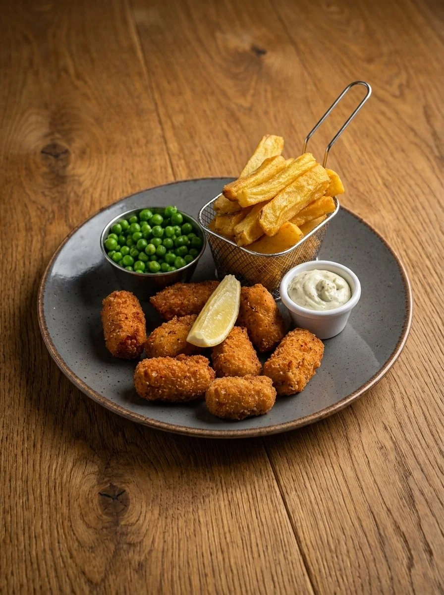 Whole-tail breaded scampi with triple cooked chips, peas and tartare sauce