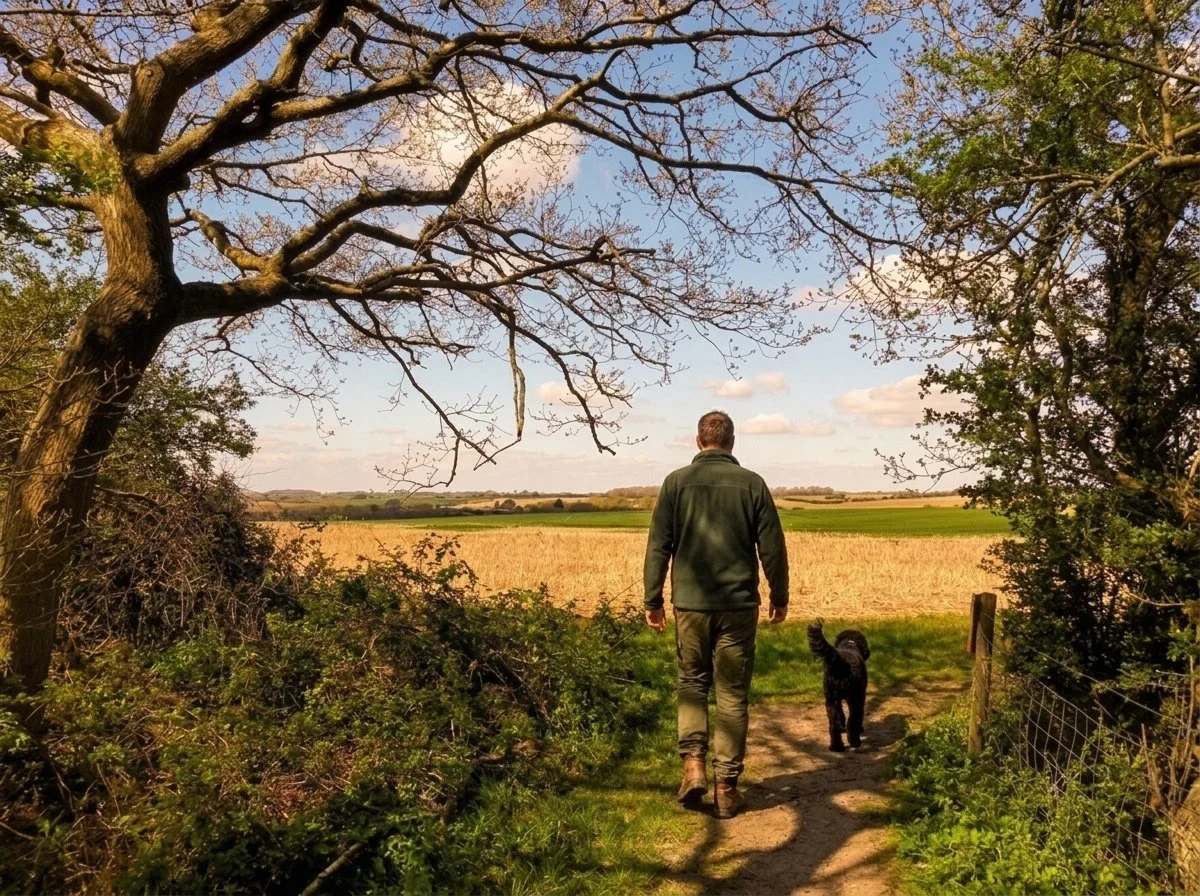 Footpath through a gateway onto open fields near Furneux Pelham.