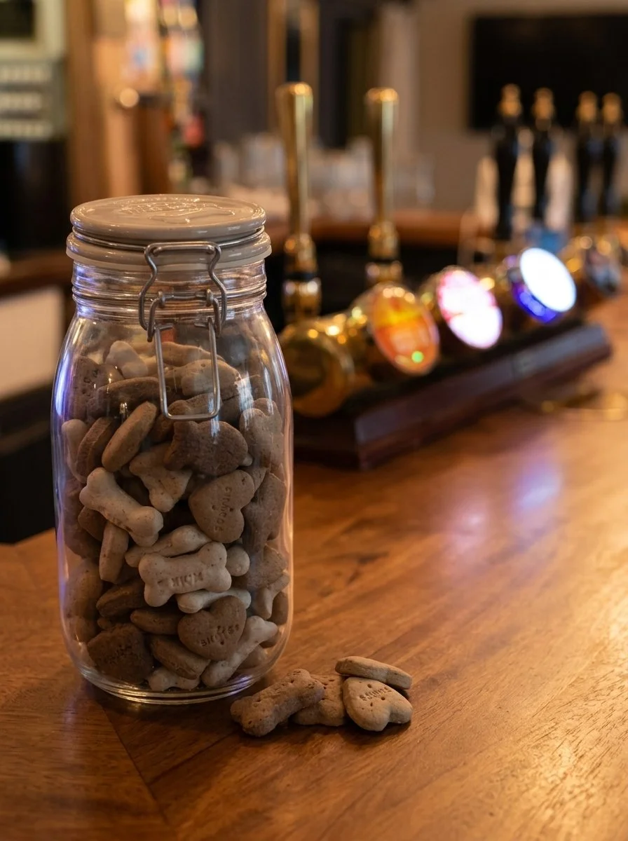 Jar of dog treats on the bar at The Brewery Tap, beer pumps behind.