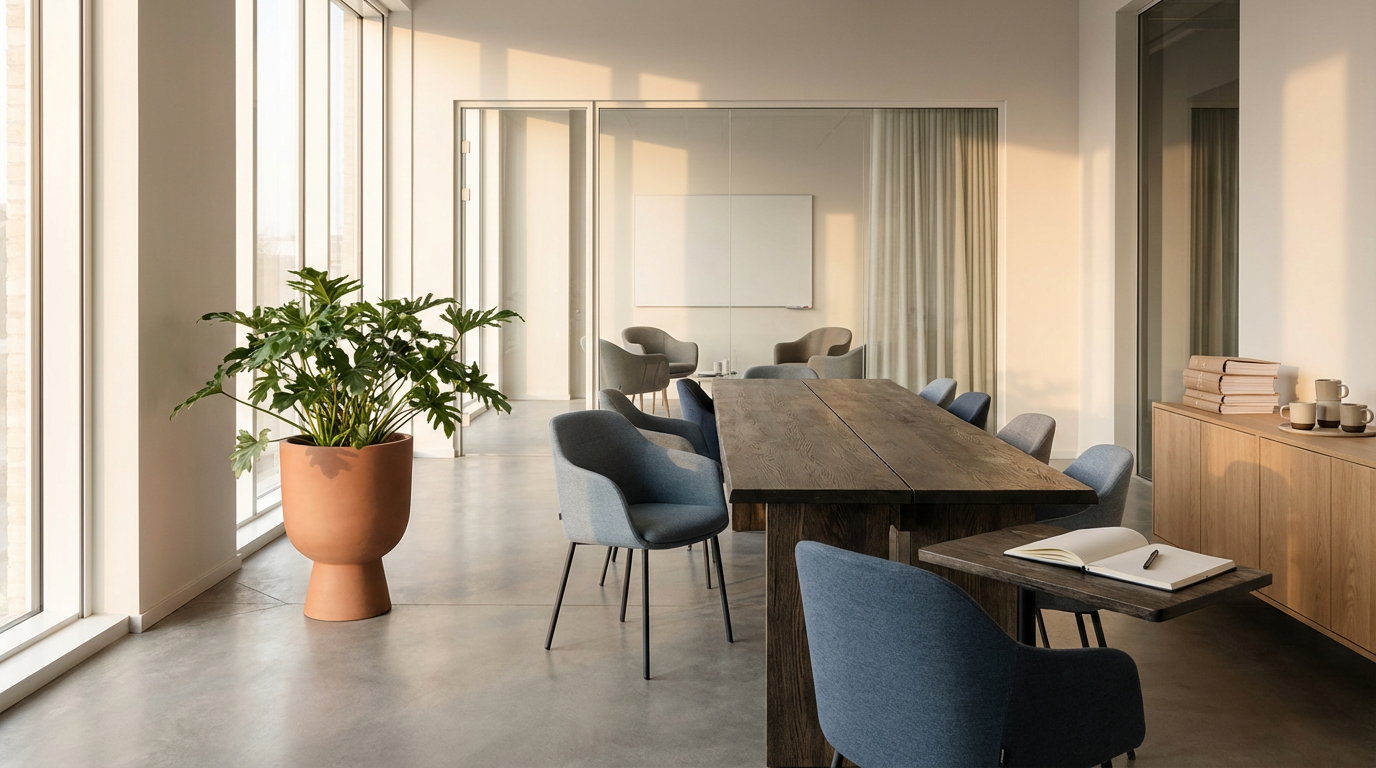 A modern conference room with a large wooden table, gray chairs, a potted plant, and a sideboard with books and cups.