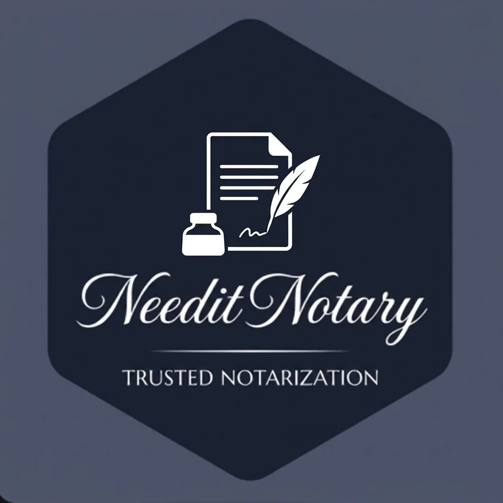 Logo for Needit Notary featuring a document, ink bottle, and quill, with the text "Needit Notary" and "Trusted Notarization".