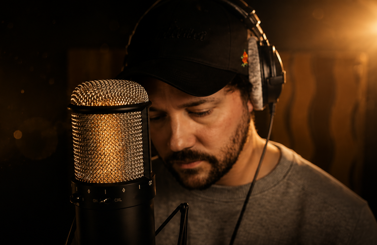 Man som sjunger eller spelar in i en mikrofon i ett inspelningsstudio, med hörlurar och en svart keps, i en varm belysning.