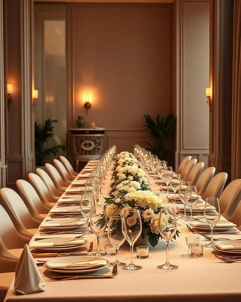 Elegant dining table set for a formal event with white tablecloth, floral centerpiece, wine glasses, and folded napkins in a decorated room.