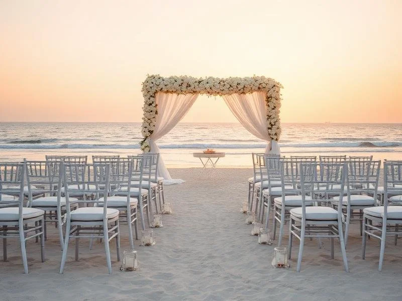 Empty wedding ceremony setup on the beach with chairs facing a floral arch and ocean backdrop