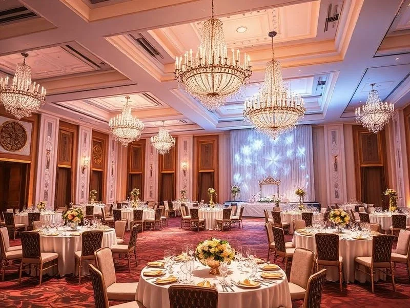 Elegant banquet hall decorated for a formal event with round tables, floral centerpieces, chandeliers, and a stage with a lighted backdrop.