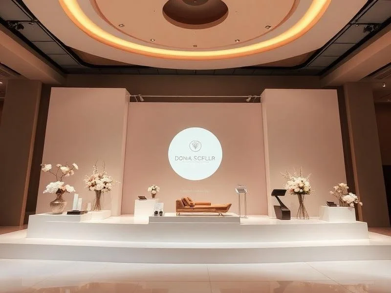 An elegant stage set up for a jewelry event, featuring a large circular logo display reading "Donic Scalpi" with a diamond symbol, flanked by vases of white flowers, a brown sofa, and a lectern, in a spacious ballroom with a high ceiling and ambient lighting.