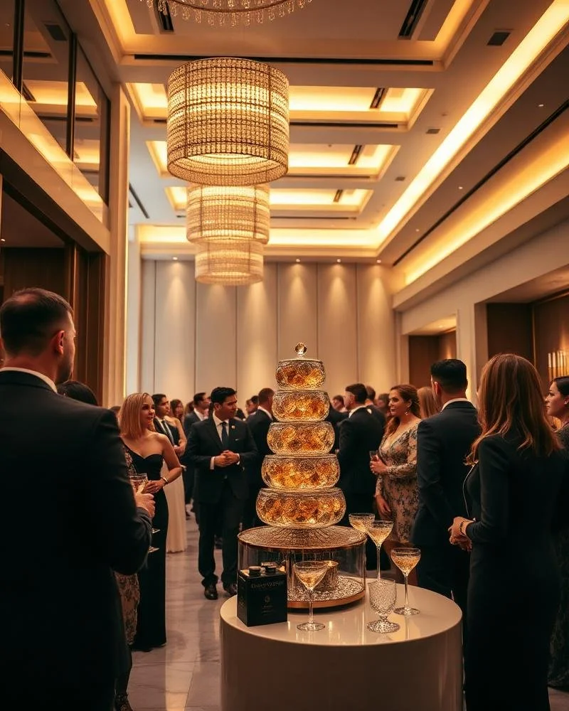 Elegant indoor event with people in formal attire socializing around a table with a large champagne bottle display and champagne glasses, under grand chandeliers.