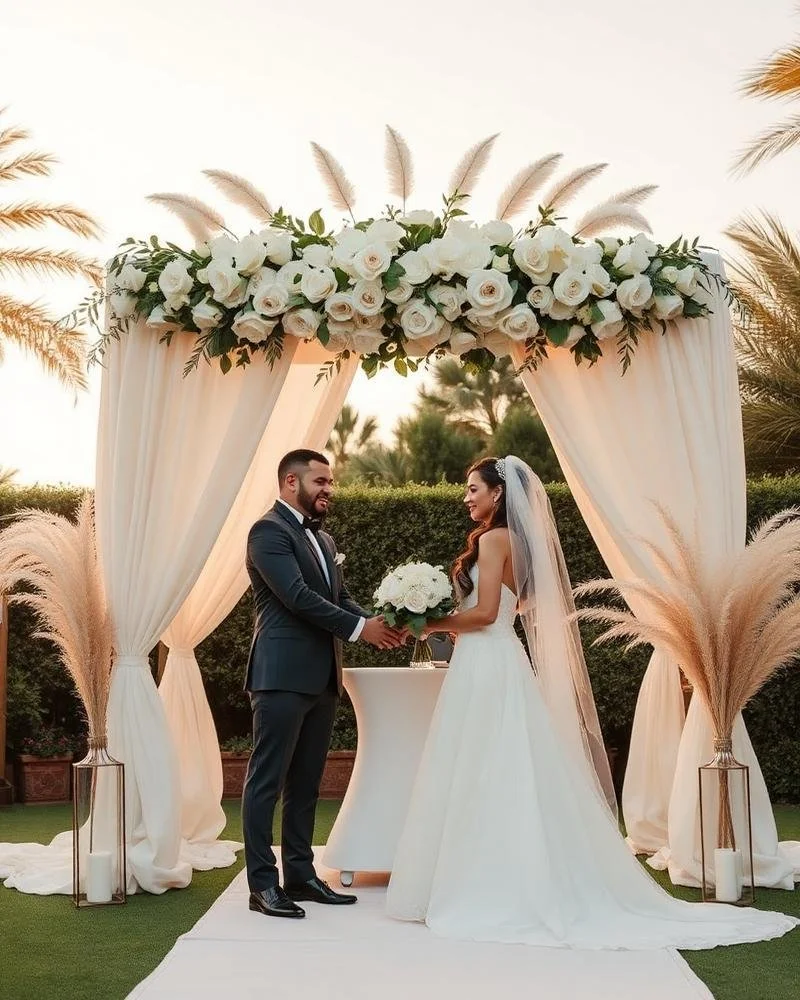 A bride and groom exchange vows under a floral wedding arch decorated with white roses and pampas grass, outdoors at sunset.