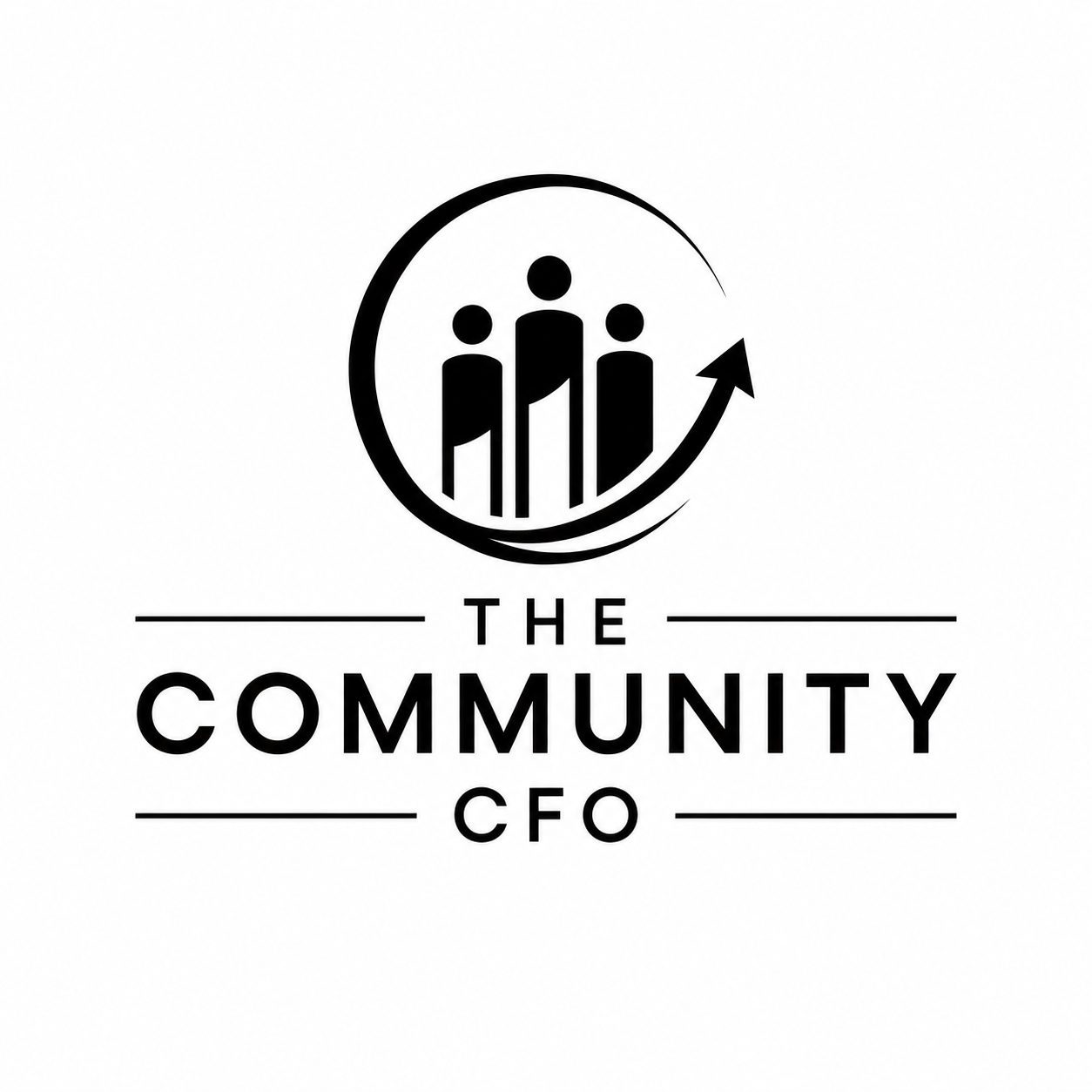 Logo featuring three stylized human figures in front of a circular arrow, with the text "The Community CFO" beneath.