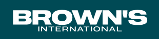Brown's International logo with dark teal background and white text