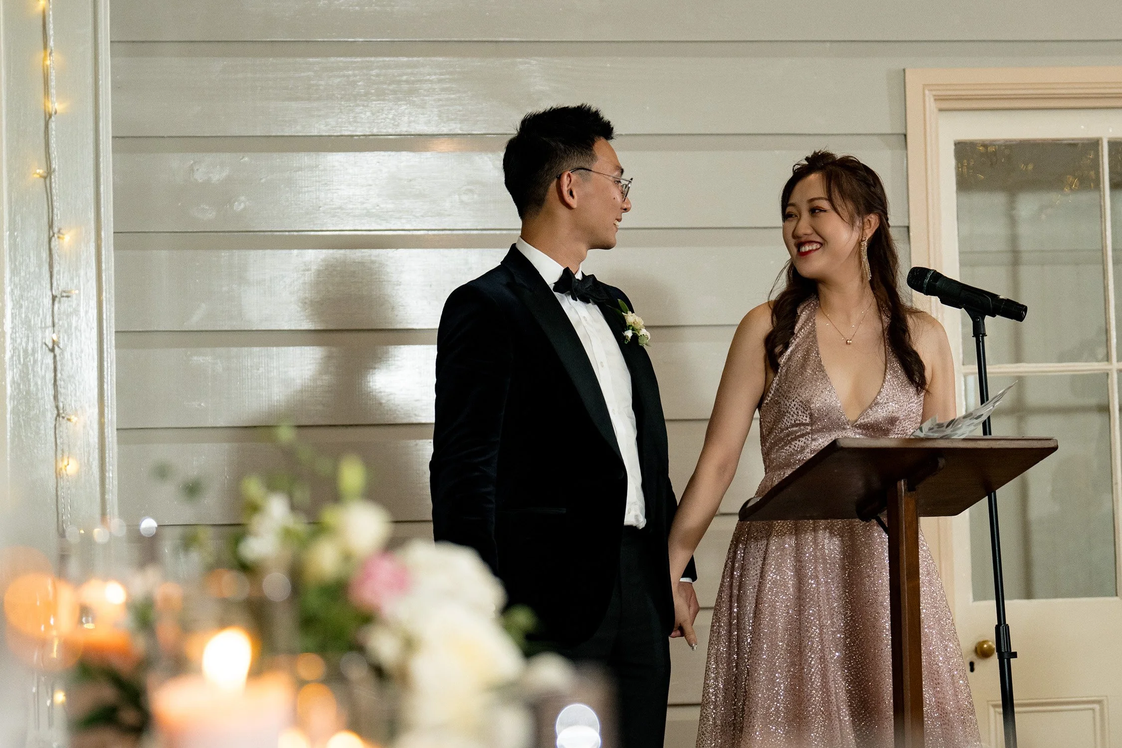 bride Vicky look at groom Brus when she making a speech in reception time in Gabbinbar Homestead