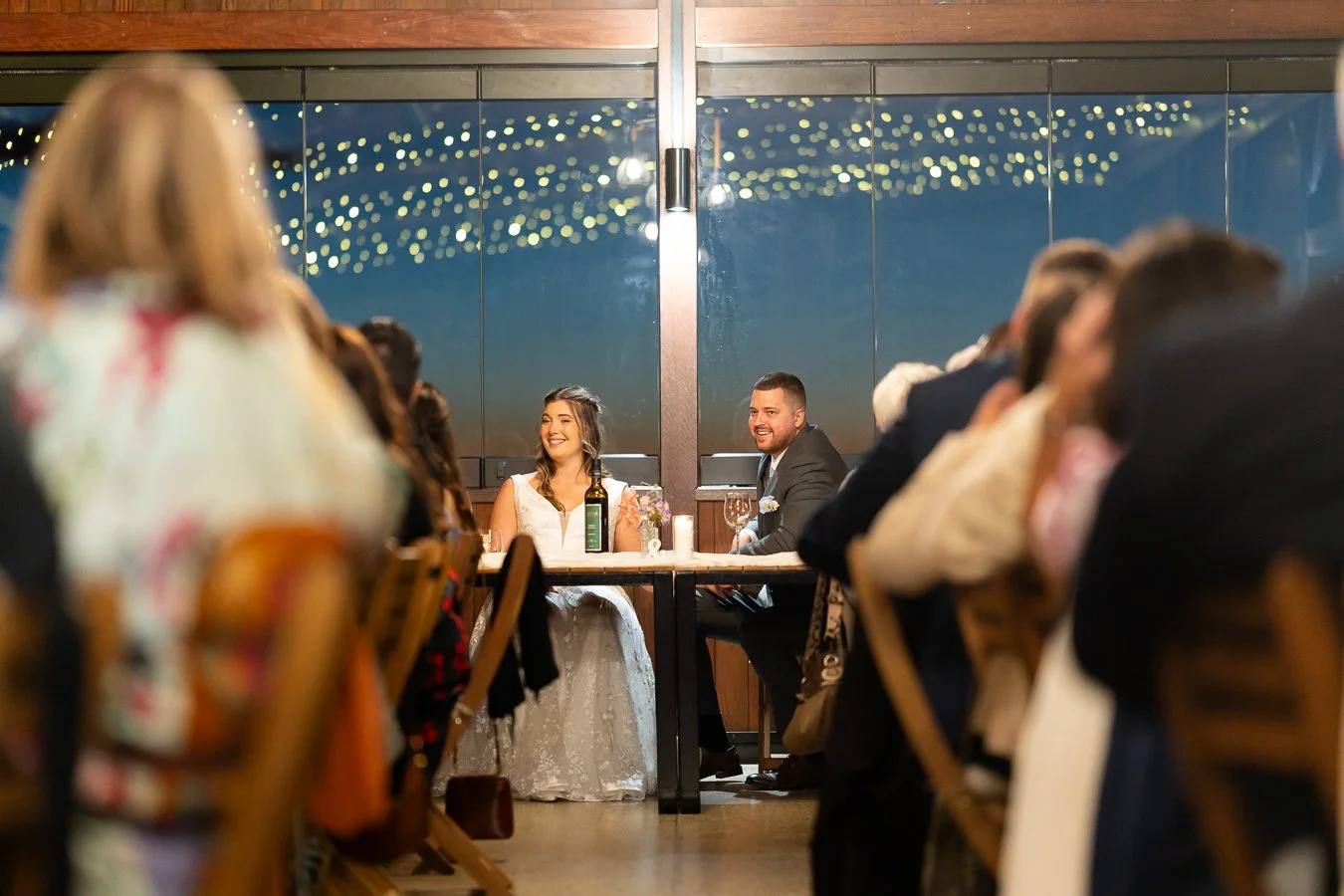 bride and groom laughing