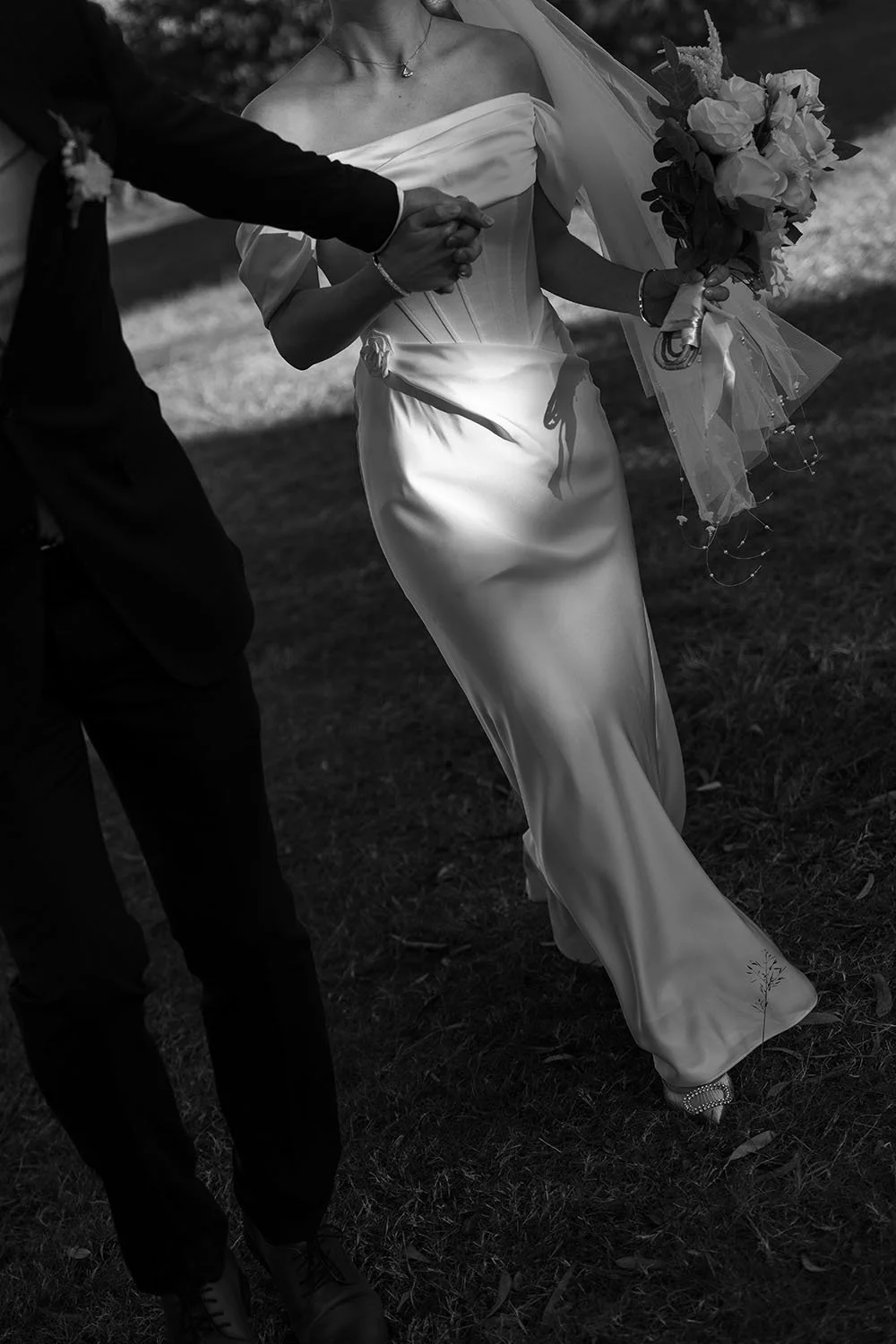 lights on bride Flora's white dress