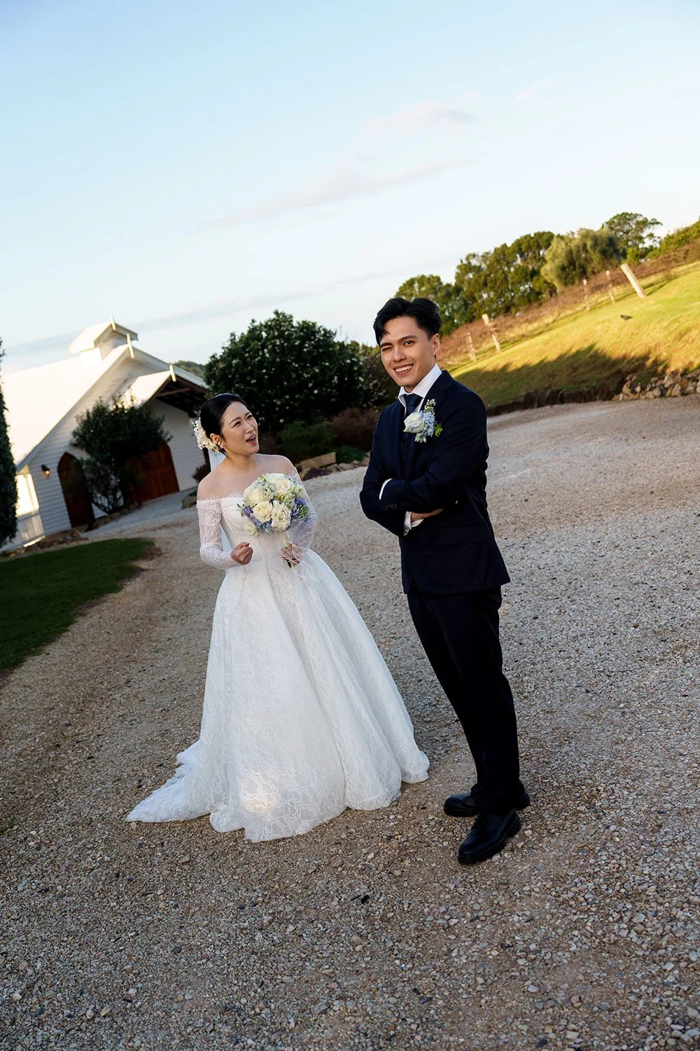 Michael with one eye close look to the wedding photographer Whistler Li, and Lisa screening to him 