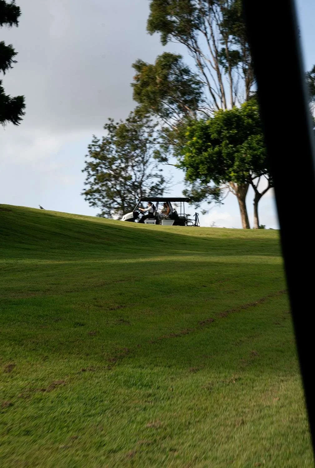 bride and groom in golf car ascent the hill
