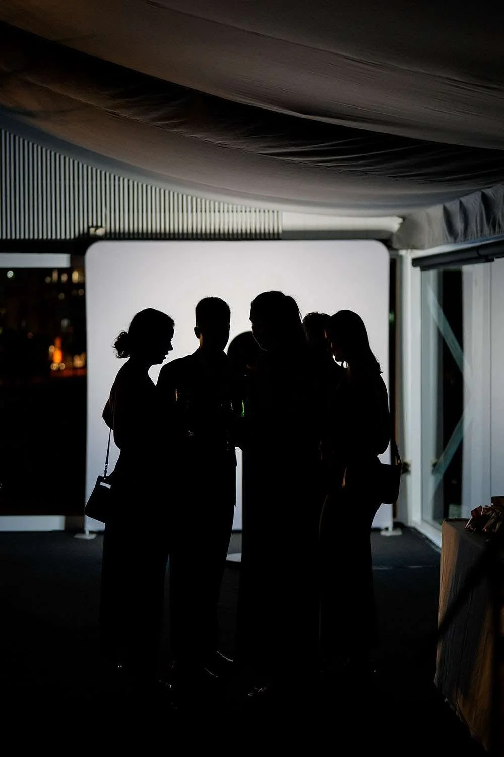 Guest silhouetted in shadow against a white LED background