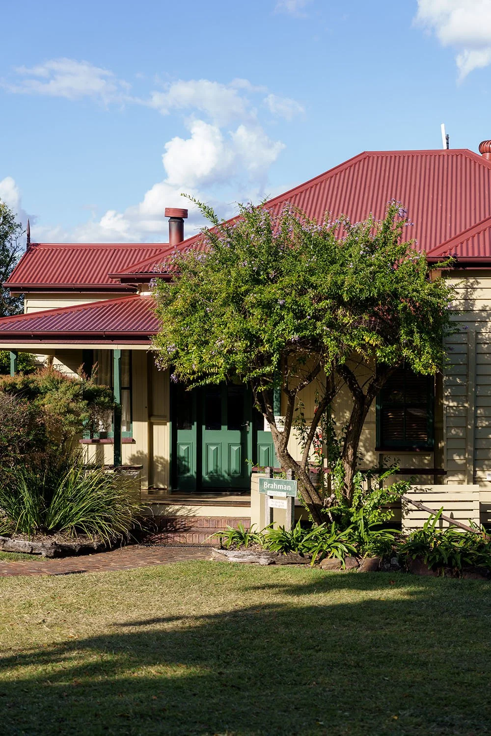 a cottage front with sunshine and a tree