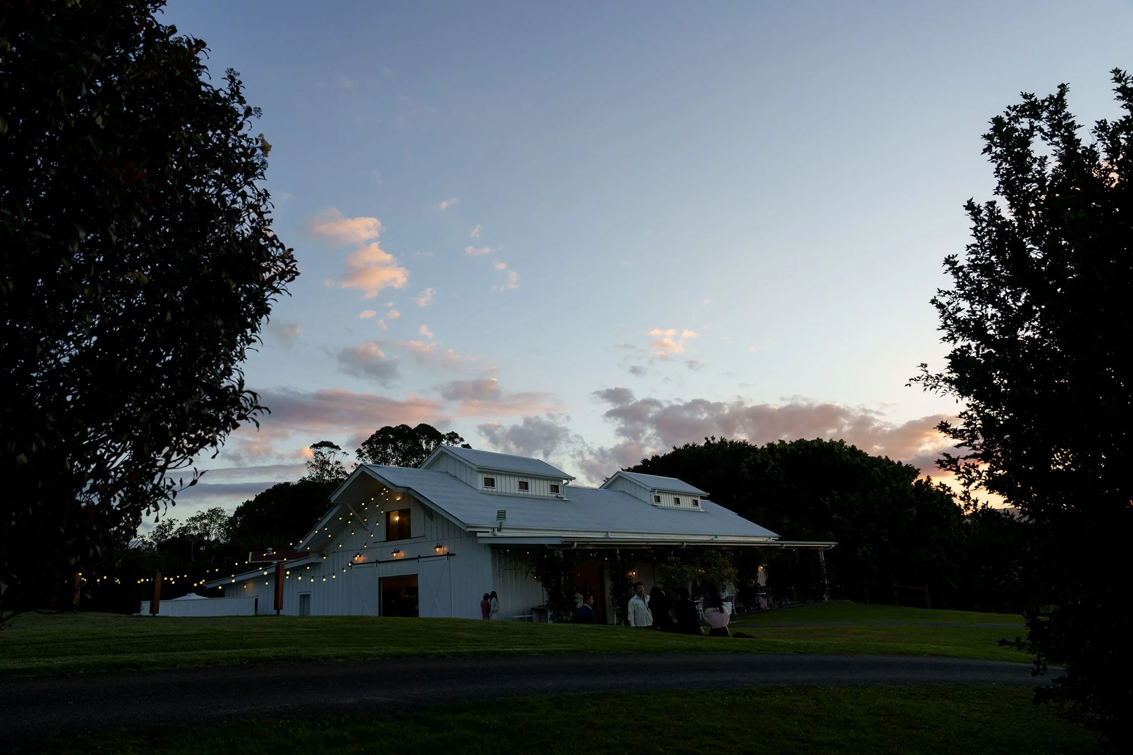twilight for Lisa and Michael's white reception room, the white barn 