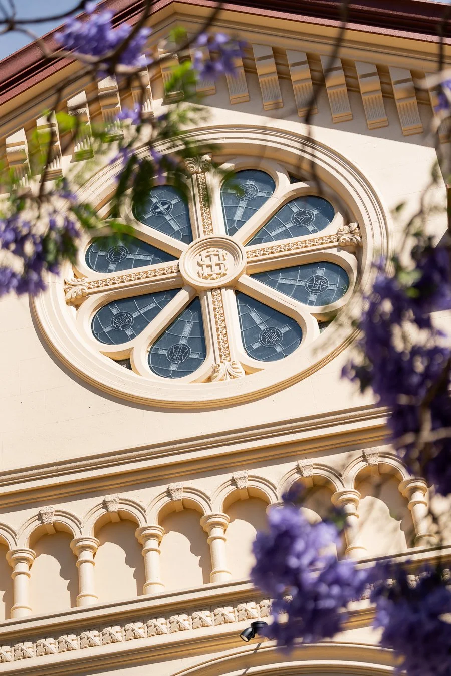 The circular patterns of the church could be seen through the jacaranda trees.