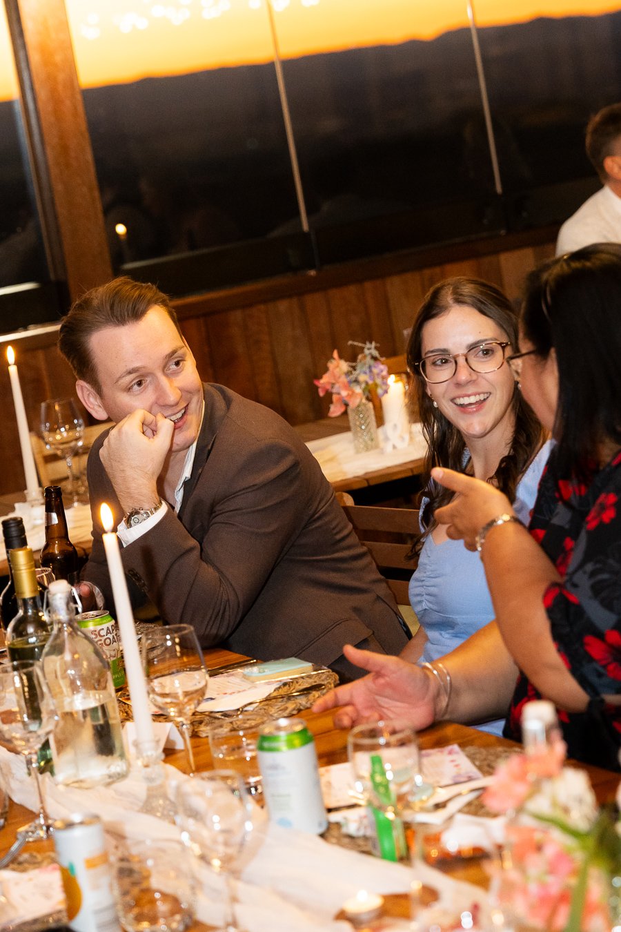 three guests talking