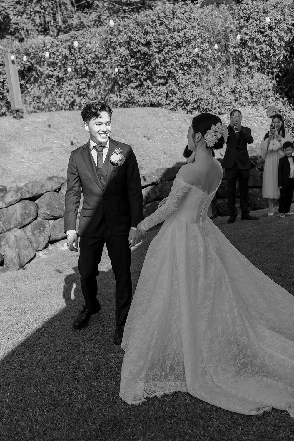 Michael surprised and excitement and turn his body to Lisa when he saw Lisa in her wedding dress 