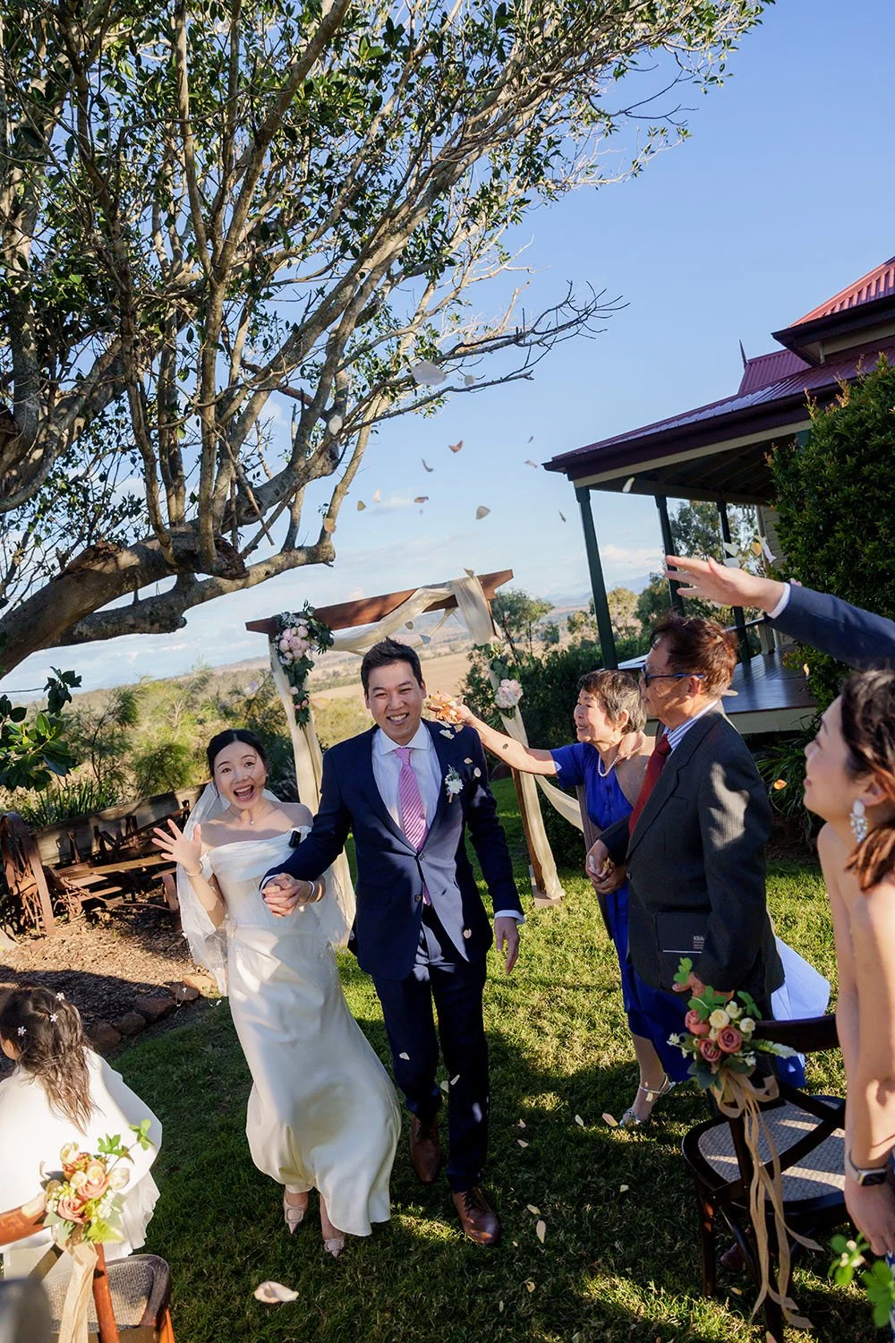 bride Flora surprised when flower pedals up on top of them
