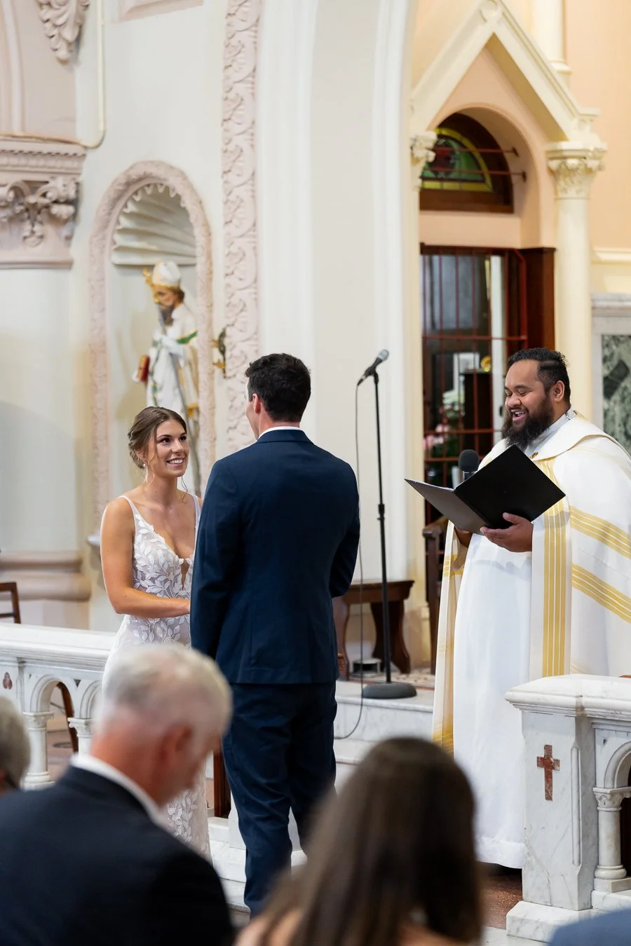 The bride looked at the groom, and they faced each other
