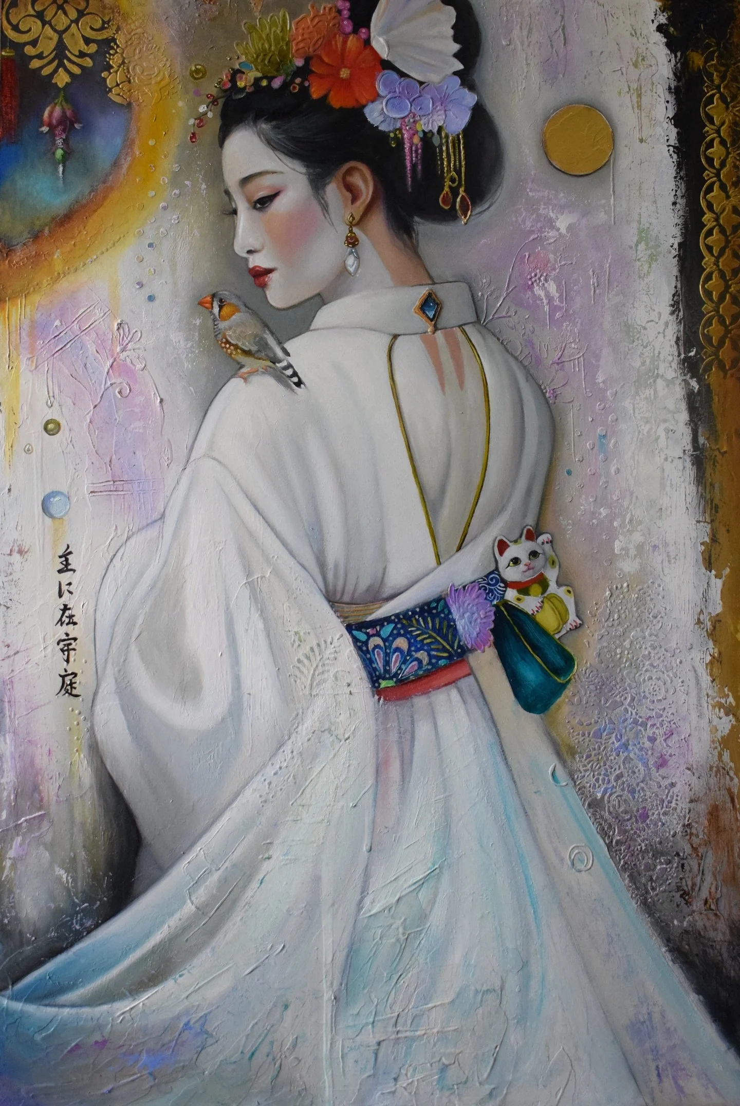 A painting of a woman with traditional Asian attire and elaborate hair jewelry, featuring flowers and a butterfly, holding a small animal figure, with vibrant colors and intricate details.