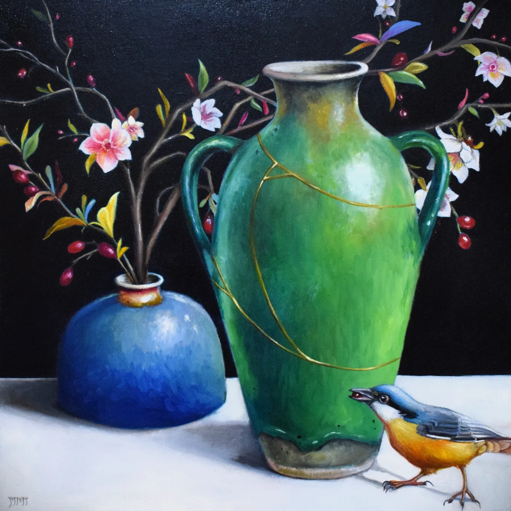 A painting of two vases, one blue and one green, holding flowered branches with pink and white blossoms. A small bird with blue, yellow, and brown feathers stands on the ground beside the vases, against a black background.