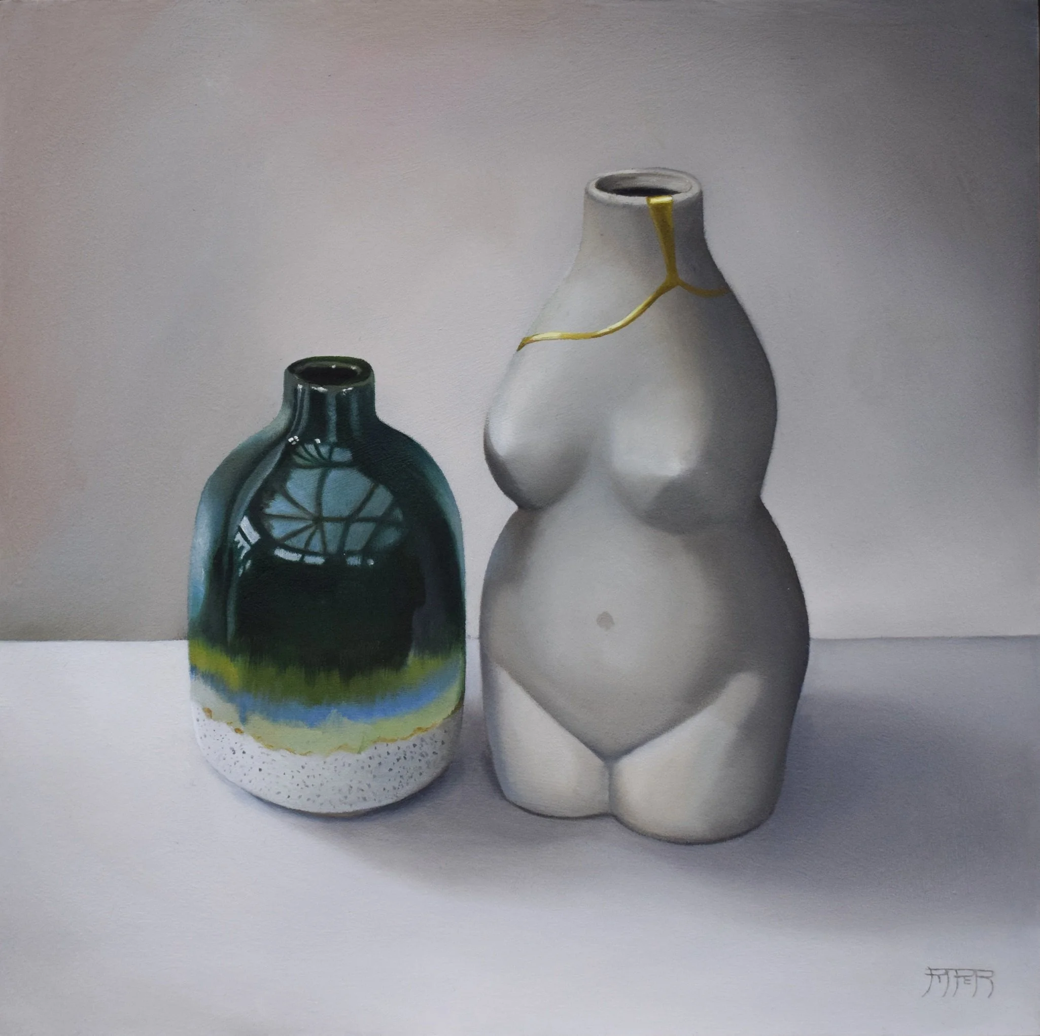 A painting of three ceramic vases of different shapes and colors on a white surface against a neutral background.