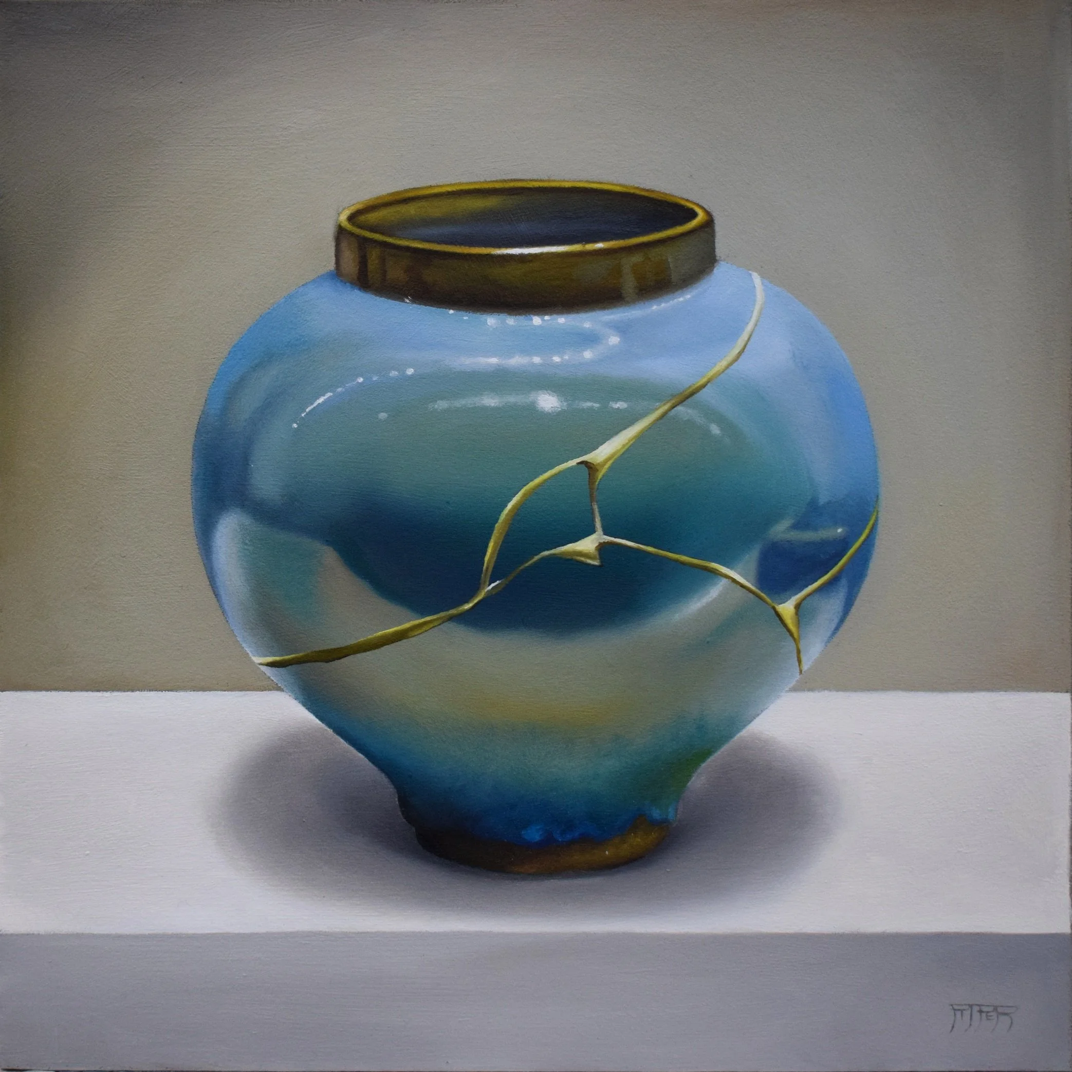 Painting of a blue vase with a black opening and a yellow ring around it, with a yellow line across the vase, on a plain background.