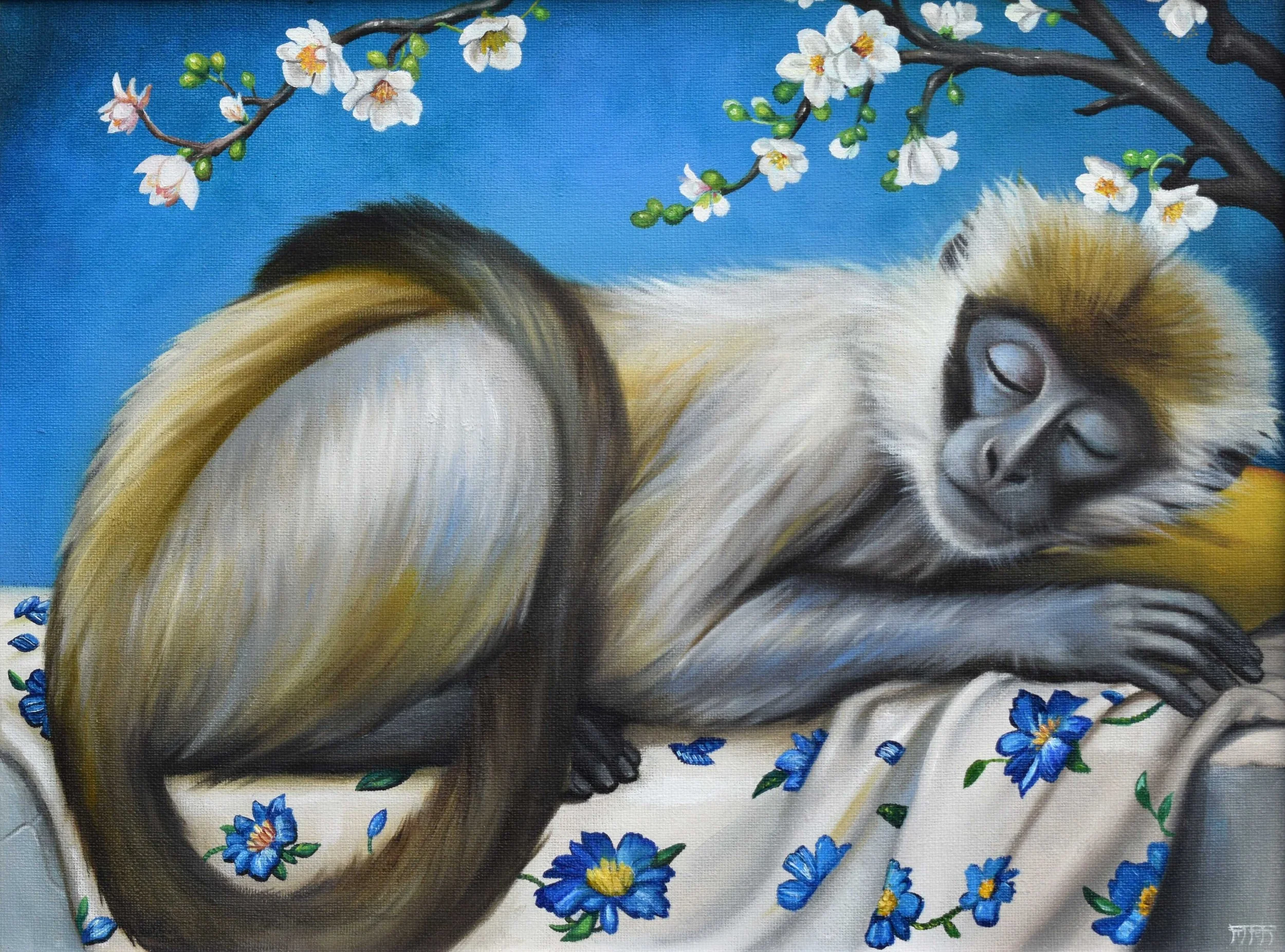 Painting of a sleeping unicorn with a white body, blonde mane, and a gold horn, surrounded by cherry blossoms and blue flowers on a blue background.