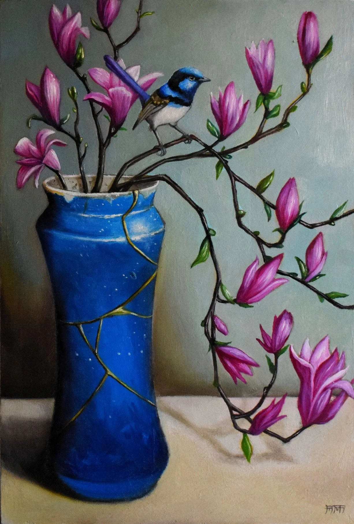 Painting of a blue vase with pink magnolia flowers and a blue and black bird perched on a branch.